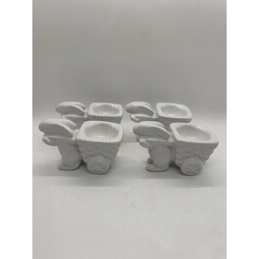 Pottery Barn Bunny Wagon‎ Egg Cups Set 4 White Ceramic Easter Holders